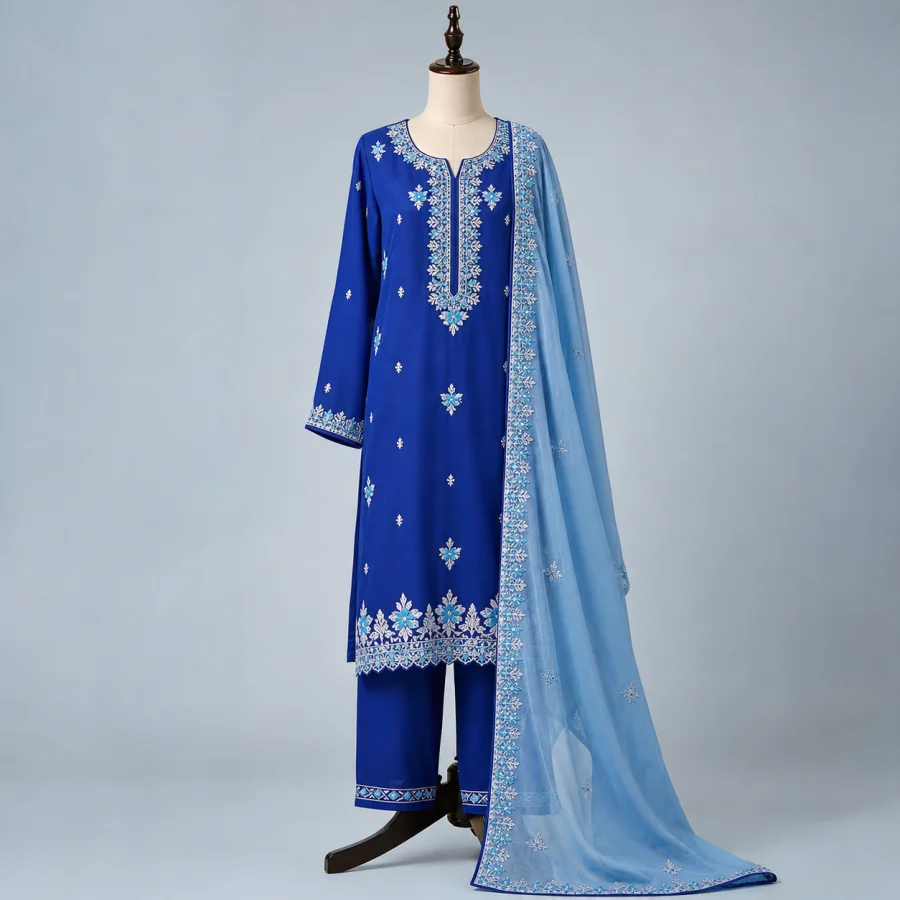 ست پنجابی آبی خامک‌دوزی