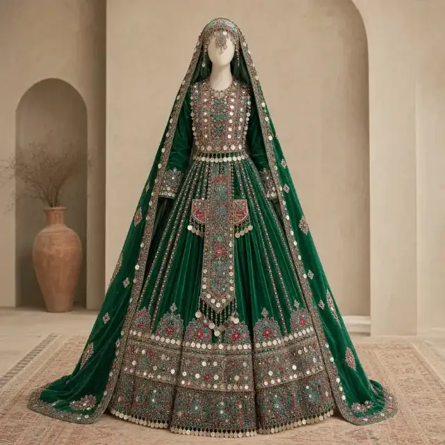 لباس عروس زمردی سکه‌دوزی