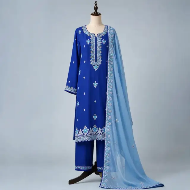 ست پنجابی آبی خامک‌دوزی